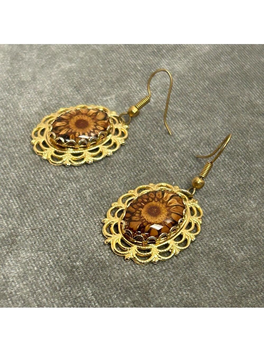 Gold Tone Flower Cat Eye Oval Dangling Earrings View 4